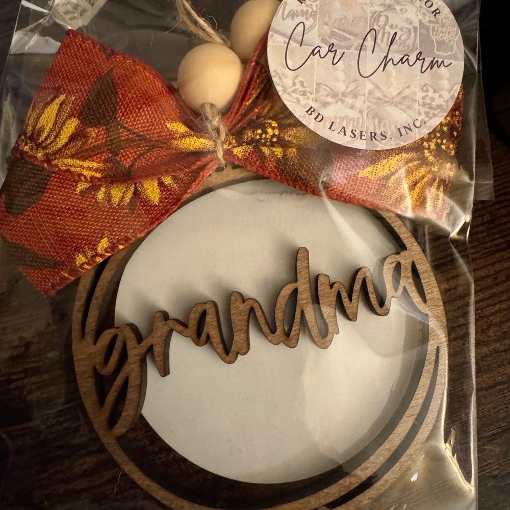 Wooden Grandma Car Charm with Floral Bow